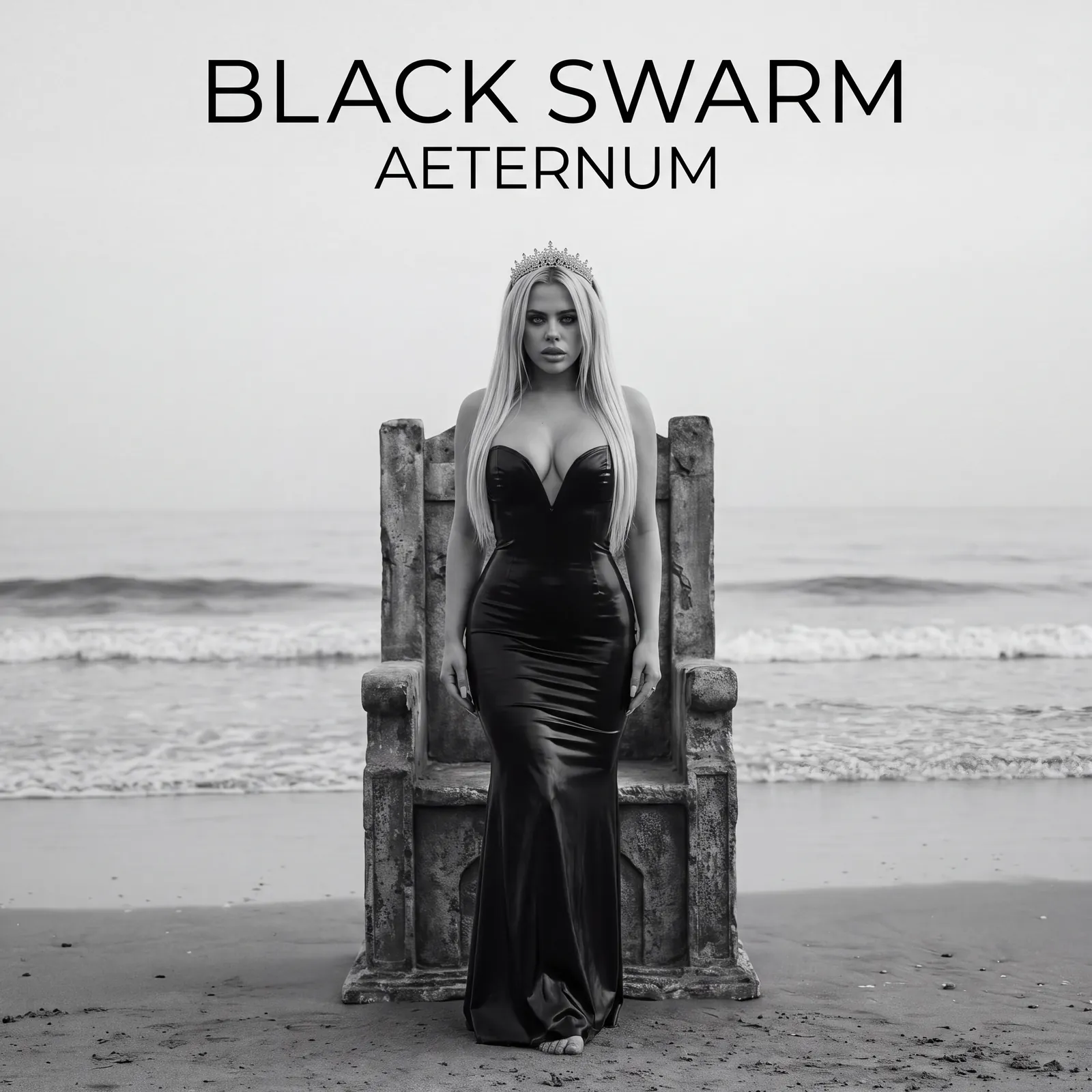 Black Swarm Aeternum album cover: Kat in a black gown and tiara seated on a weathered stone throne at the edge of the sea