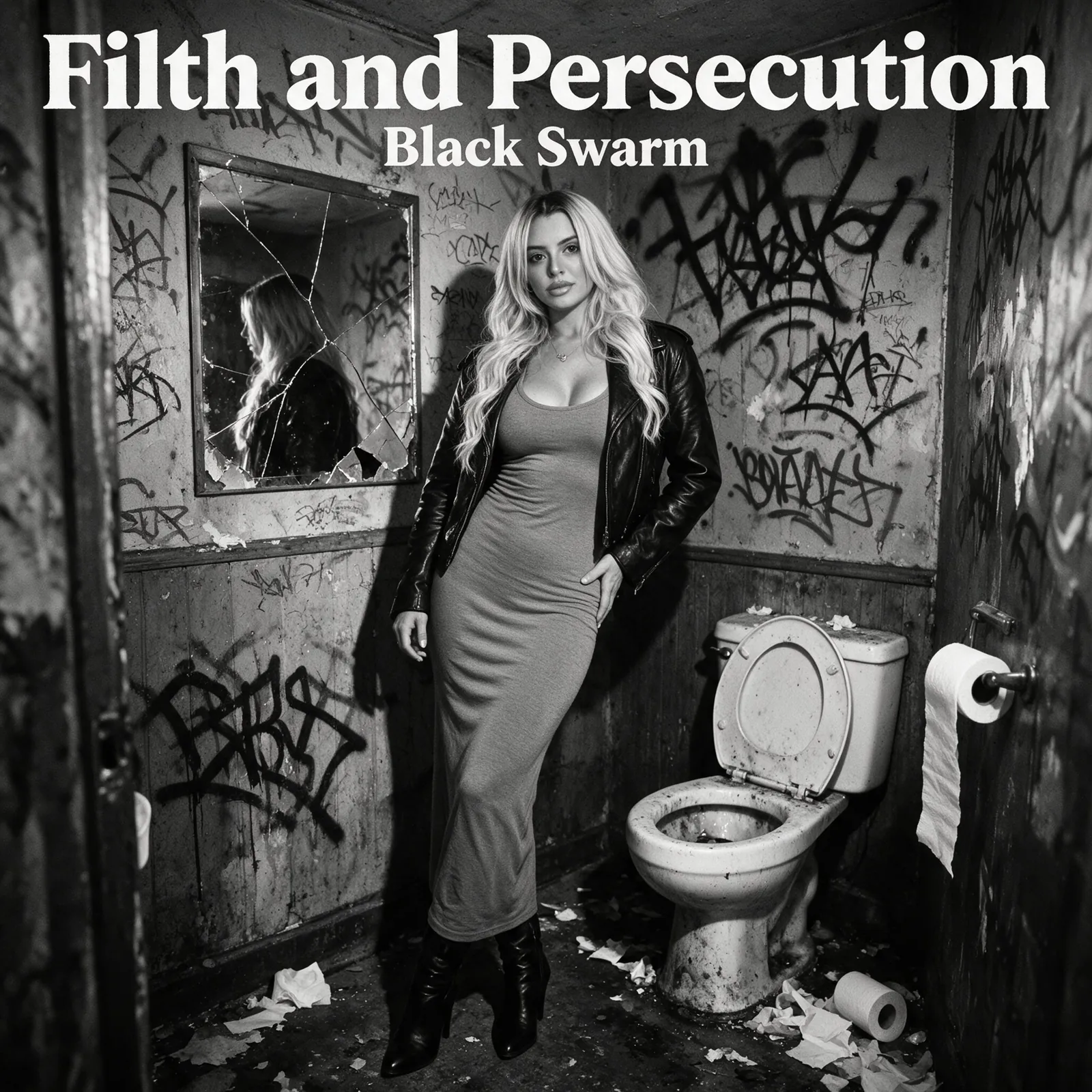 Black Swarm Filth and Persecution album cover: Kat in a leather jacket and long dress stands in a filthy graffiti-covered bathroom beside a broken mirror and a stained toilet