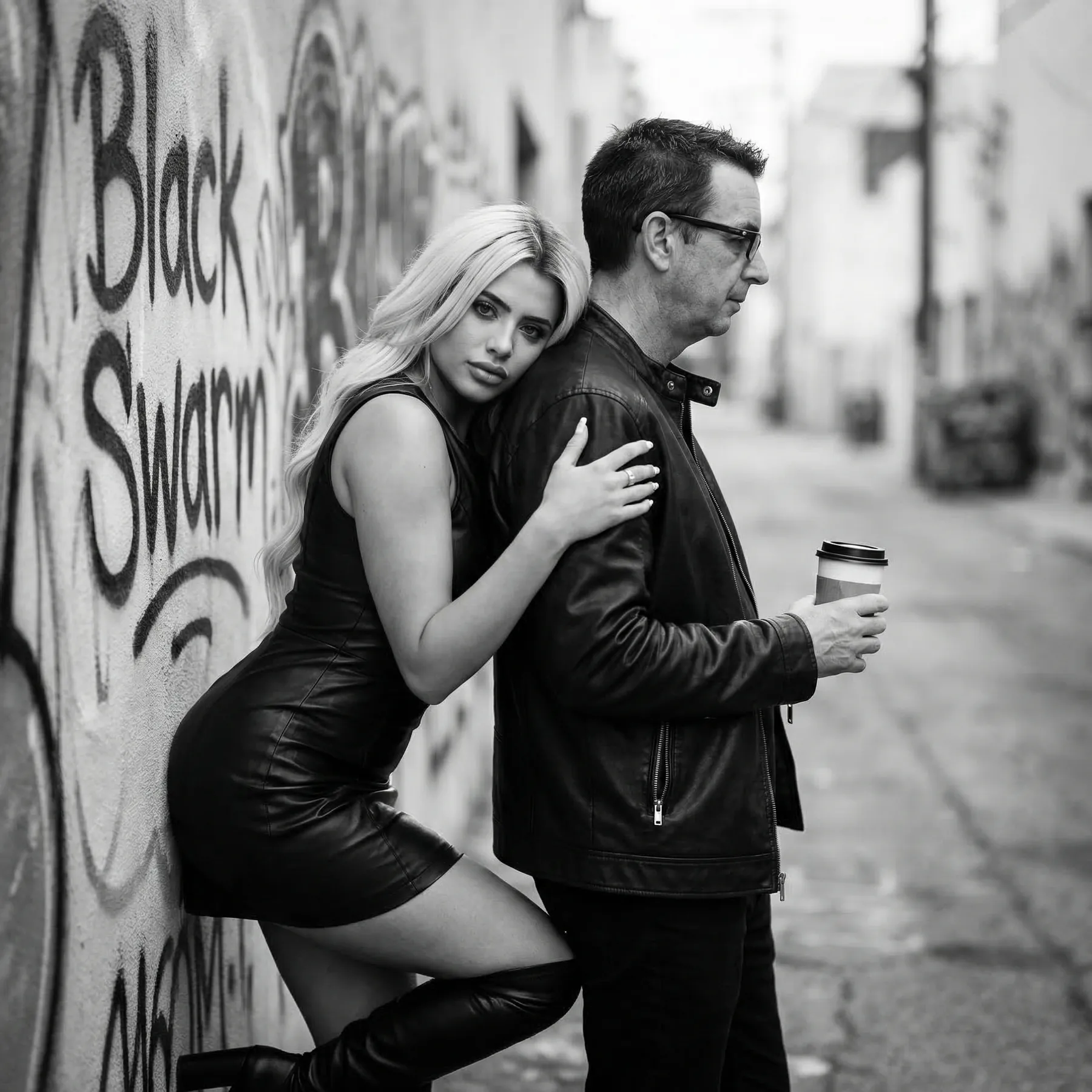 Kat leaning against the Black Swarm producer’s shoulder in a graffiti alley with Black Swarm painted on the wall
