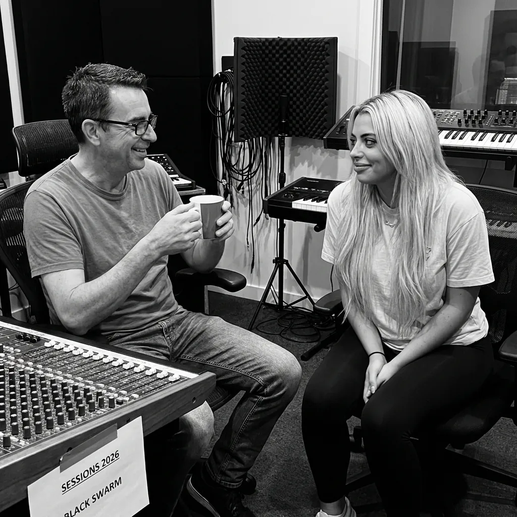 Kat and the Black Swarm producer sharing a laugh over coffee beside a mixing desk