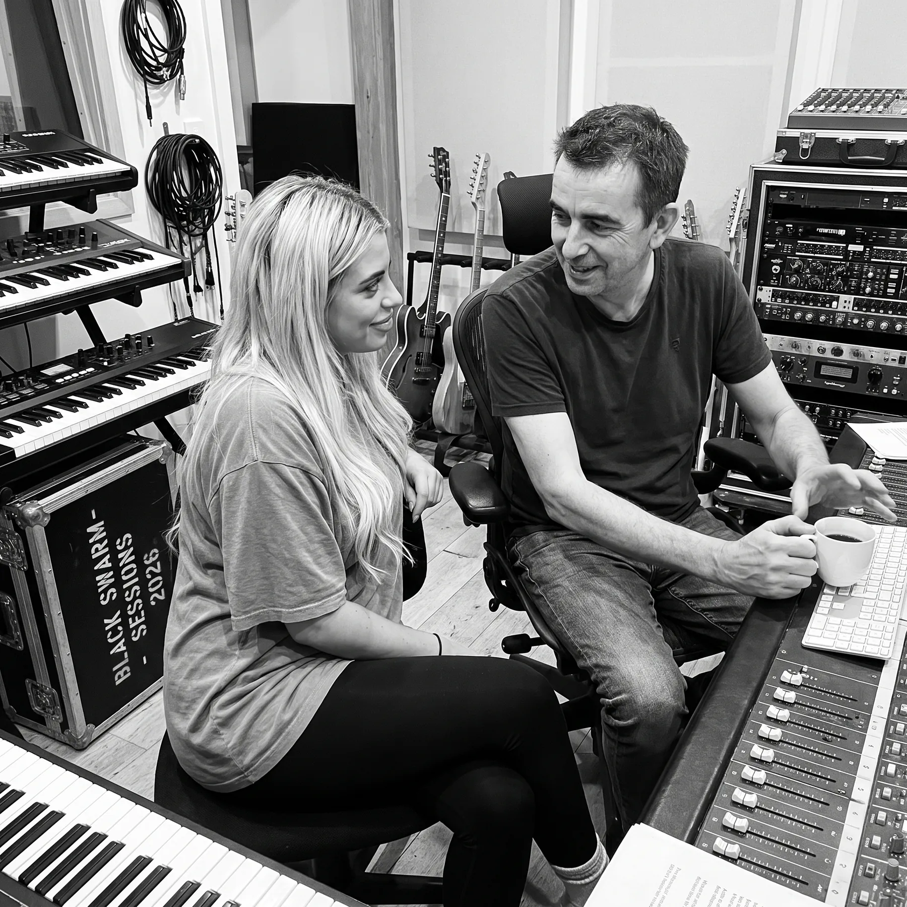 Kat and the Black Swarm producer laughing together at a mixing console