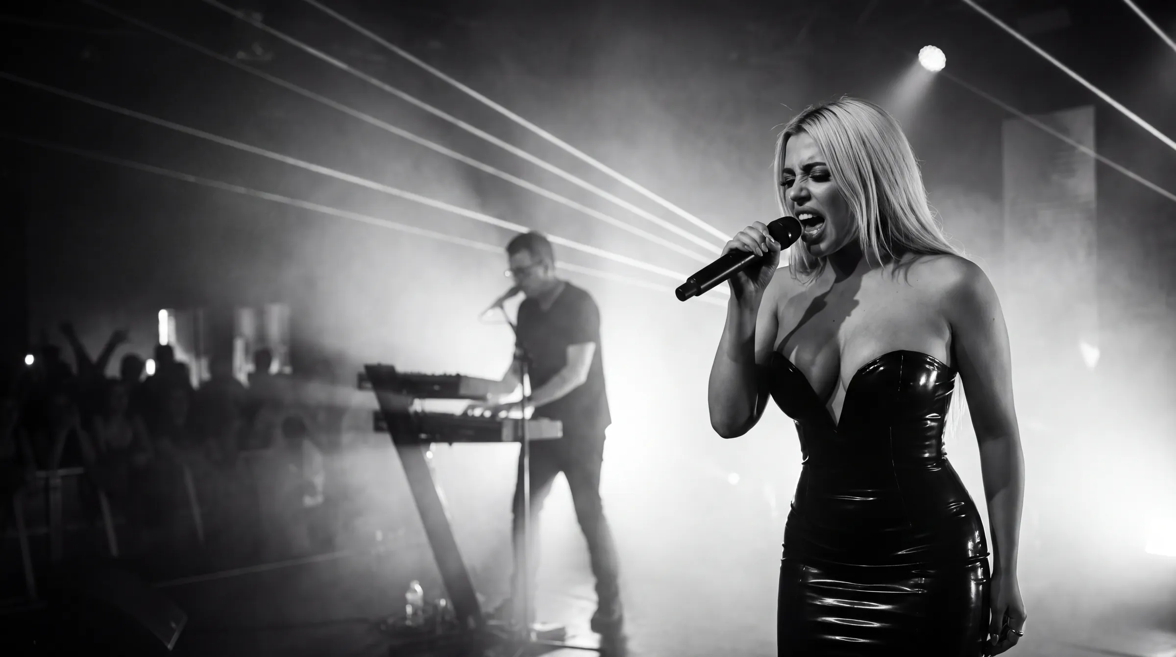 Kat singing hard into a microphone on stage under laser beams while the Black Swarm producer plays keyboards behind her