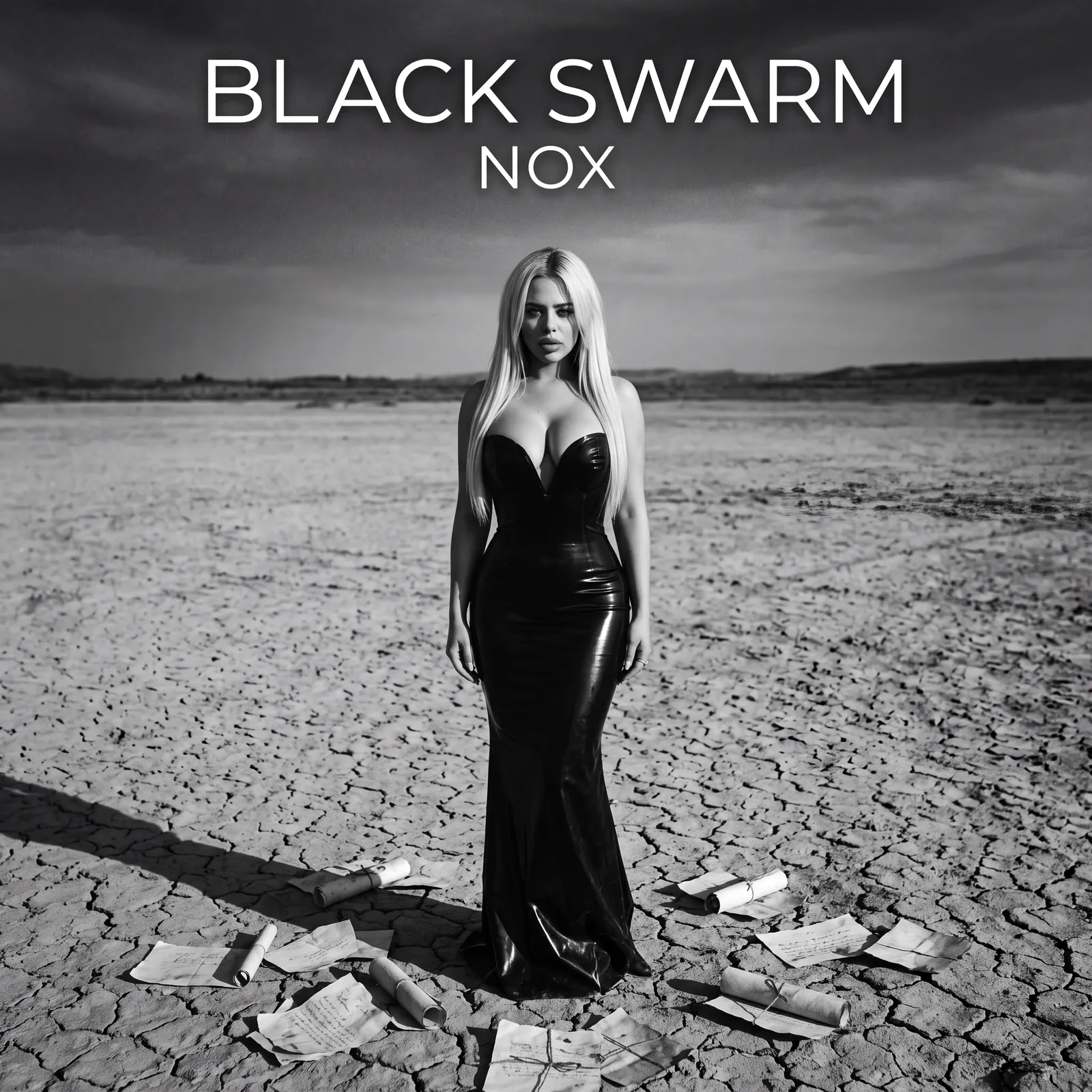 Black Swarm Nox album cover: Kat in a black gown standing on cracked dry earth surrounded by scattered letters and scrolls under a stormy sky