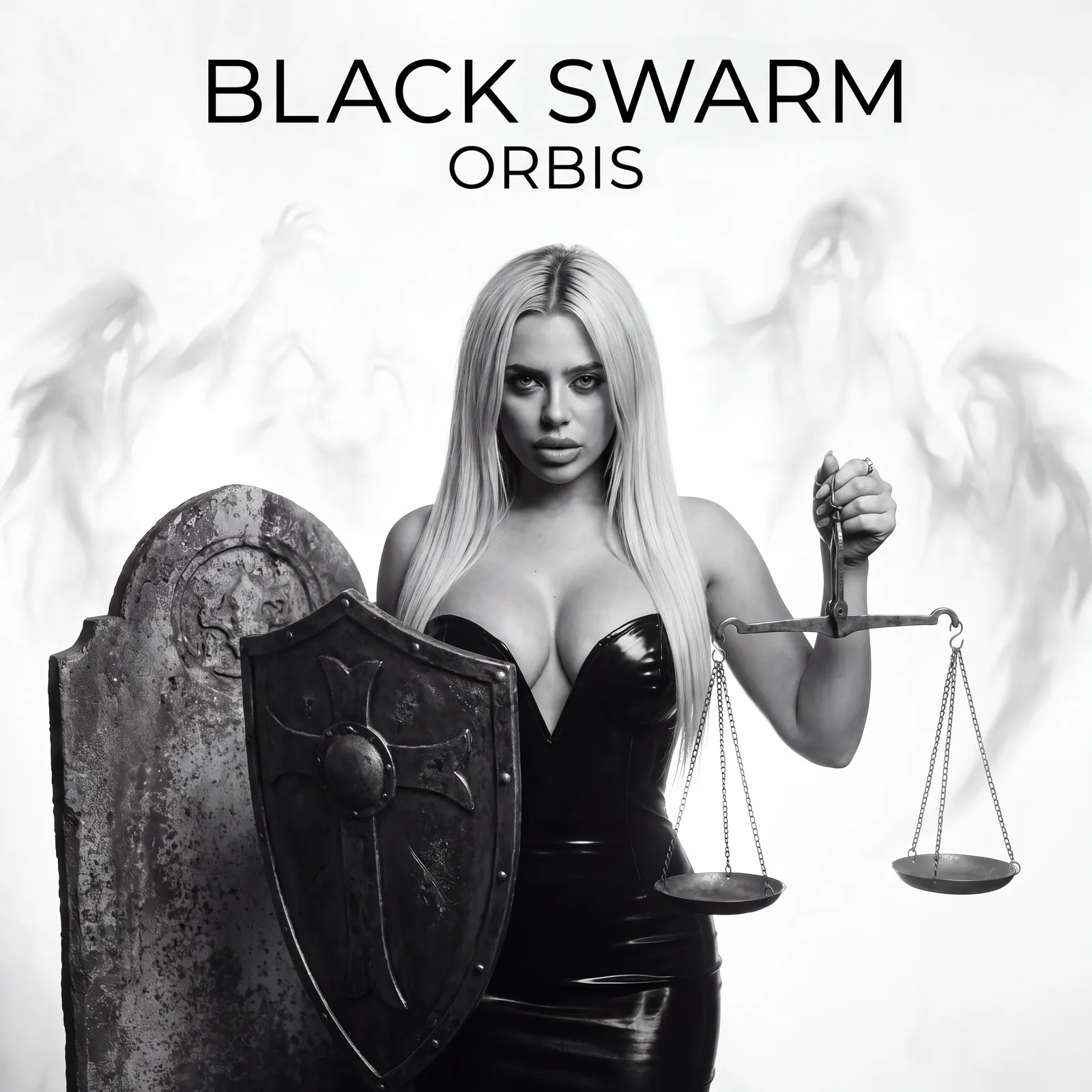 Black Swarm Orbis album cover: Kat holding a set of brass scales beside a gravestone and a cross-marked shield, smoke spirits rising behind her