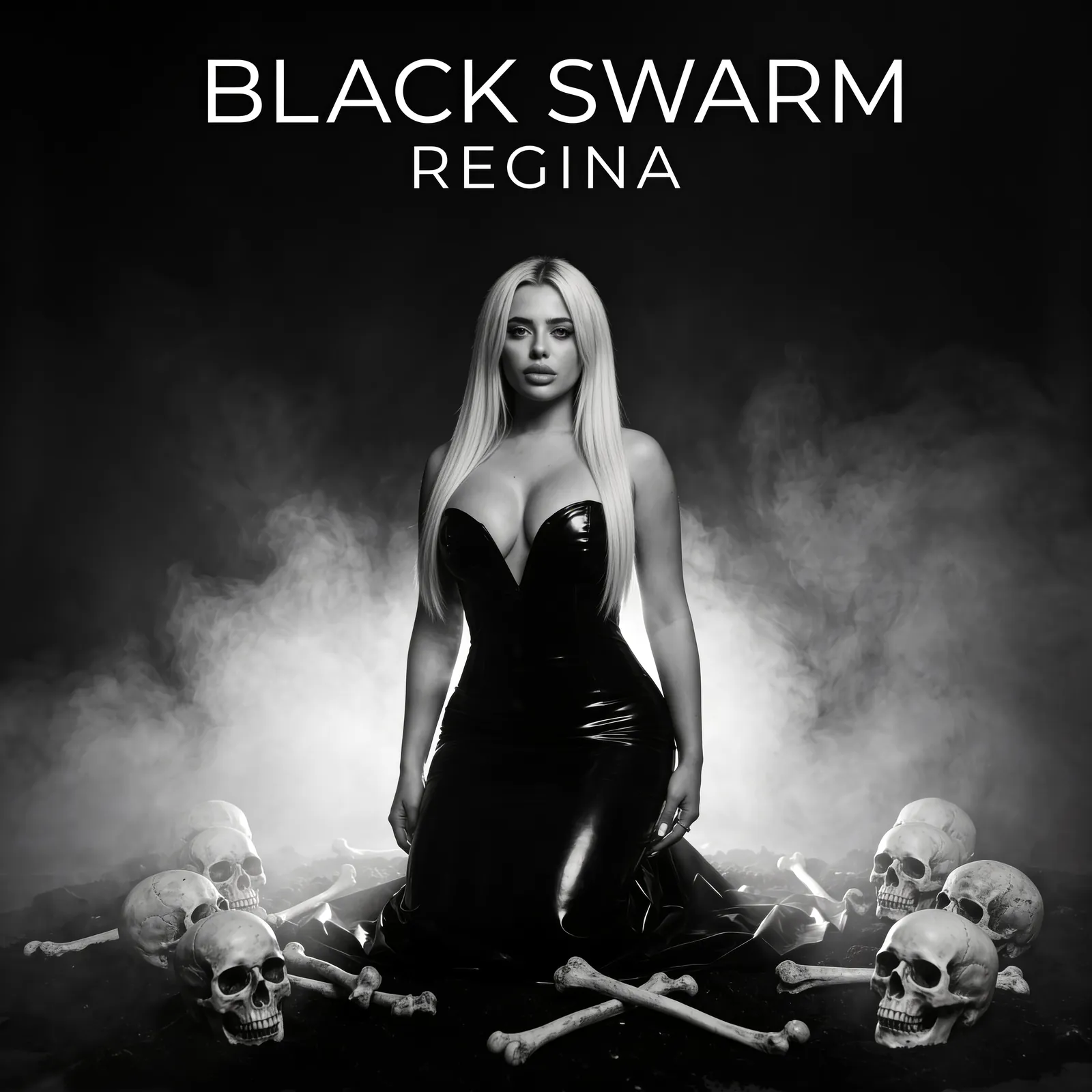 Black Swarm Regina album cover: Kat kneeling in a black latex gown among skulls and crossed bones in white smoke