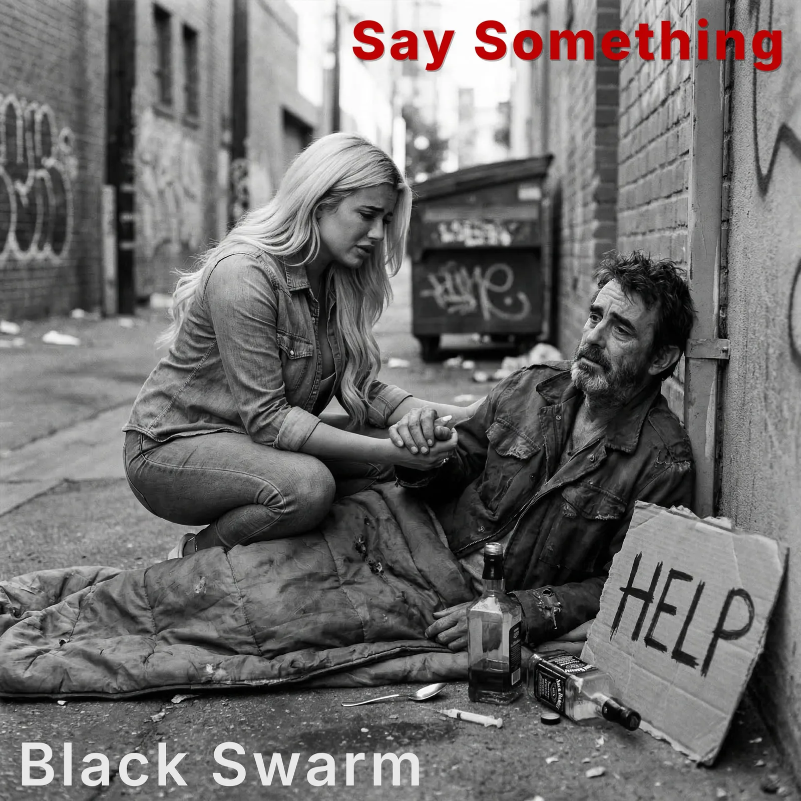 Black Swarm Say Something single cover: Kat kneeling beside a homeless man in an alley