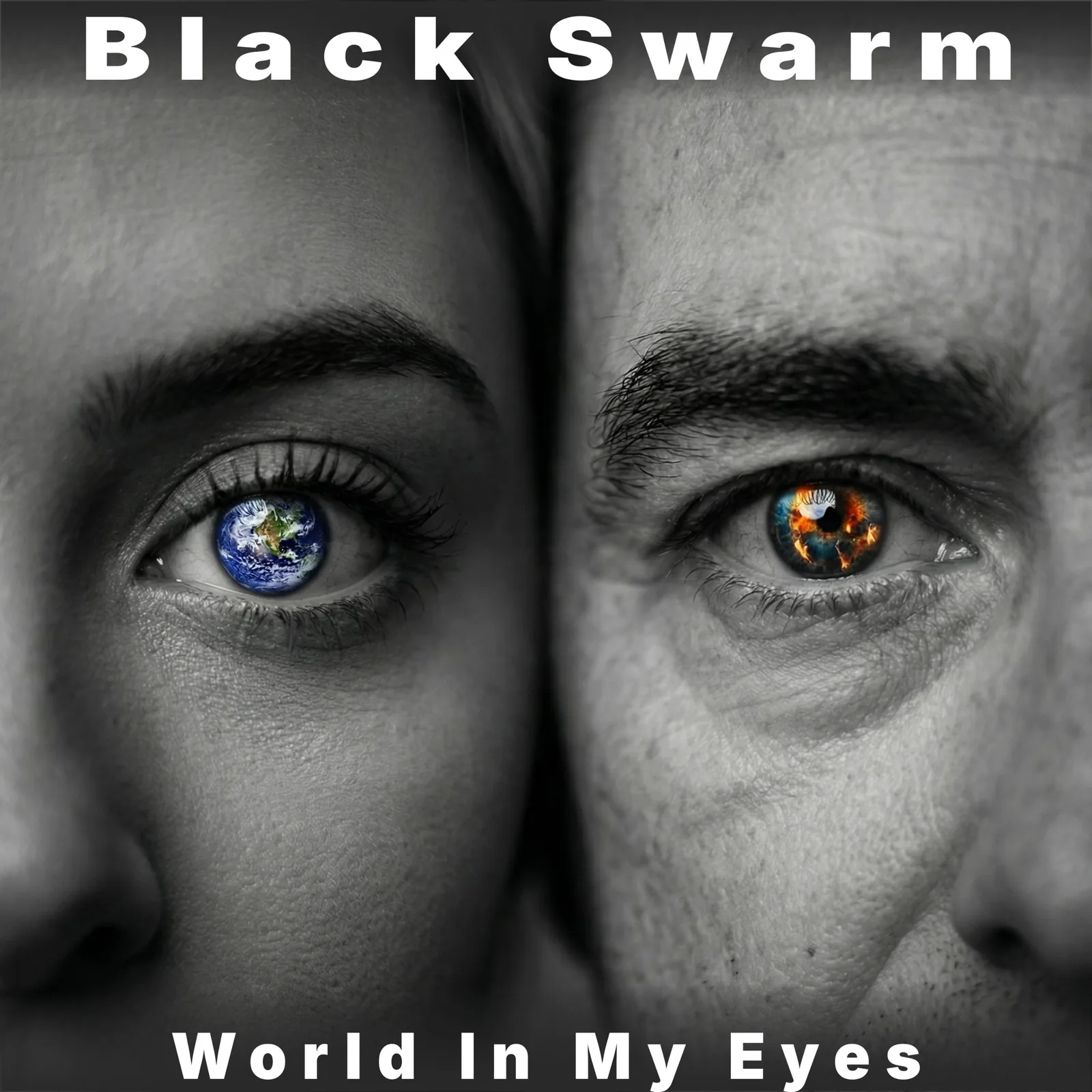 Black Swarm World in My Eyes single cover: her eye reflecting the Earth, his showing it in flames